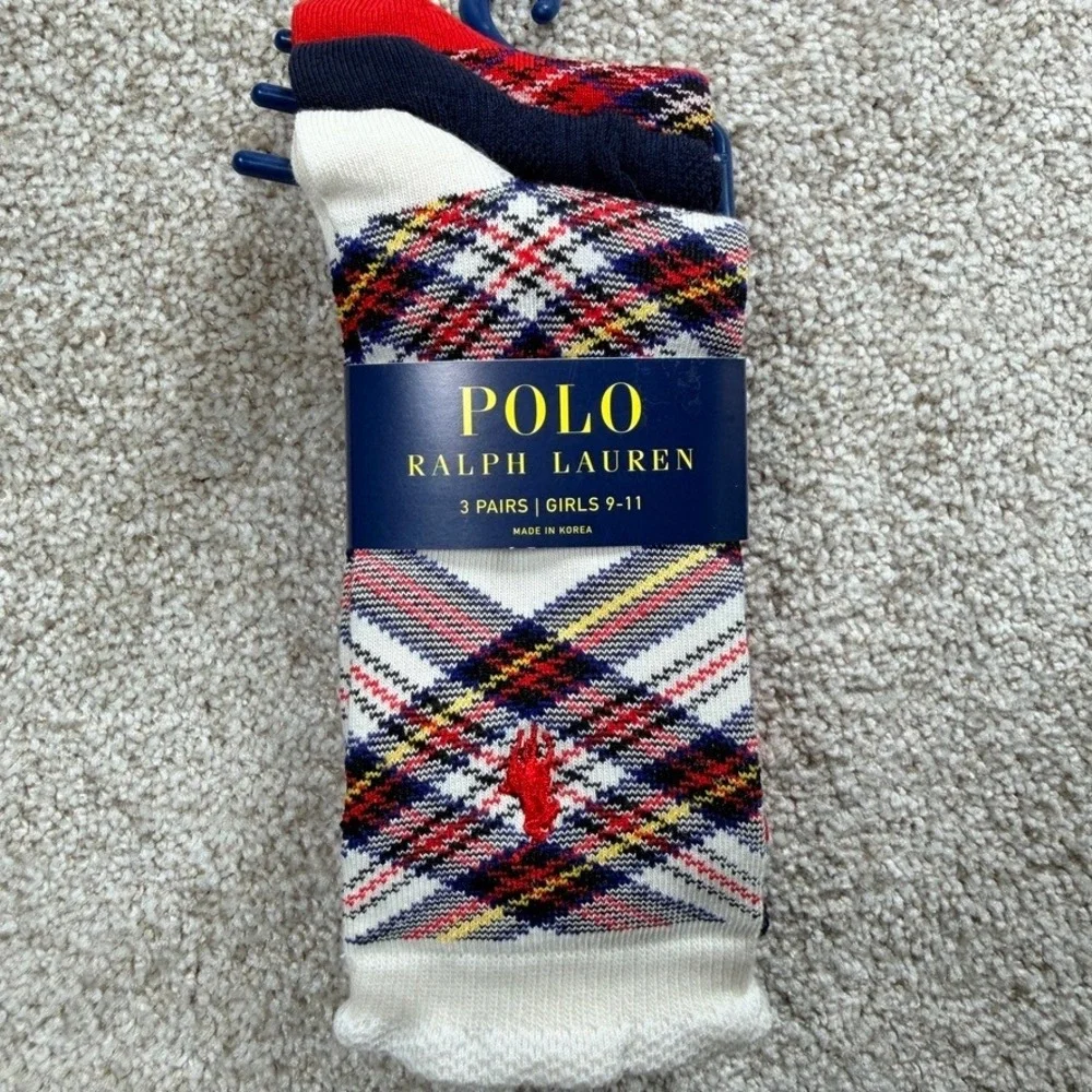 Polo Ralph Lauren Girls 3 Pack Plaid Crew Socks Red Navy White Size 9-11 NEW
